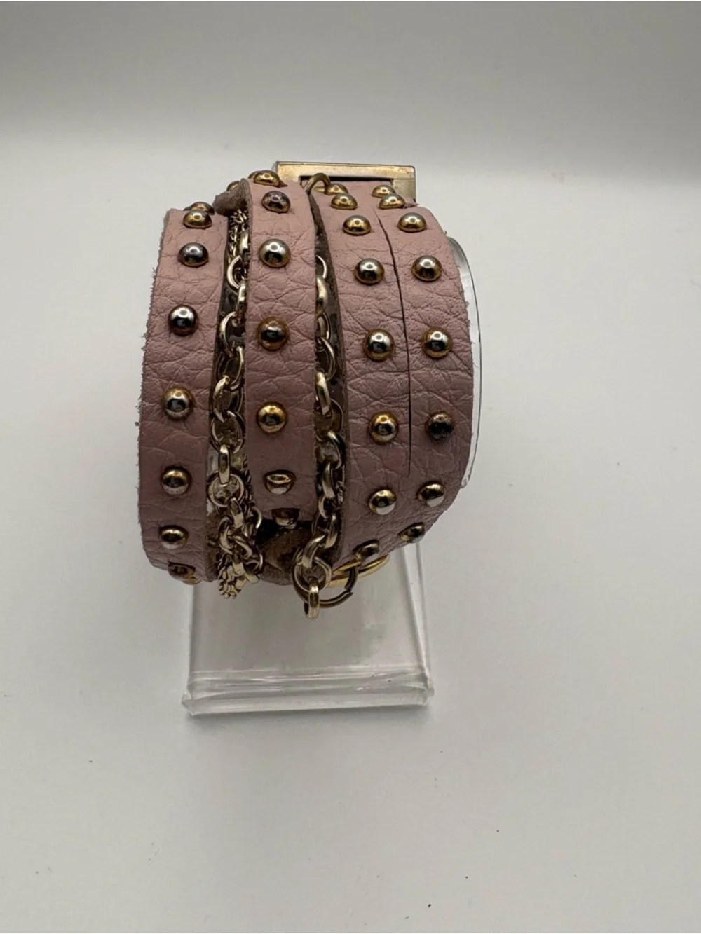 Women’s Gold-toned Rectangular Watch Pink Dial‎ Multi-Strand Double Wrap Band